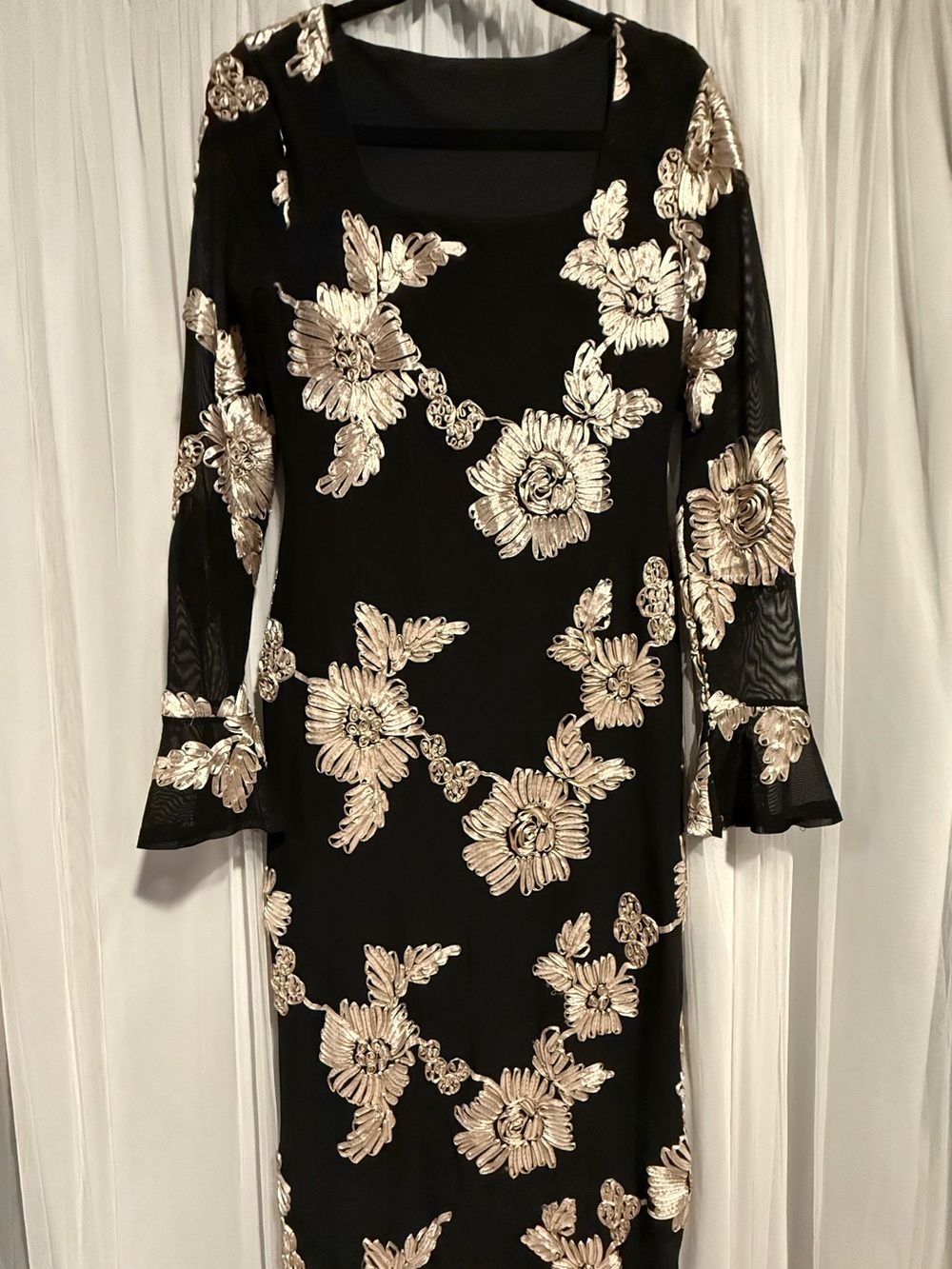 SHEIN Black Long Sleeve Dress with Gold Floral Embroidery